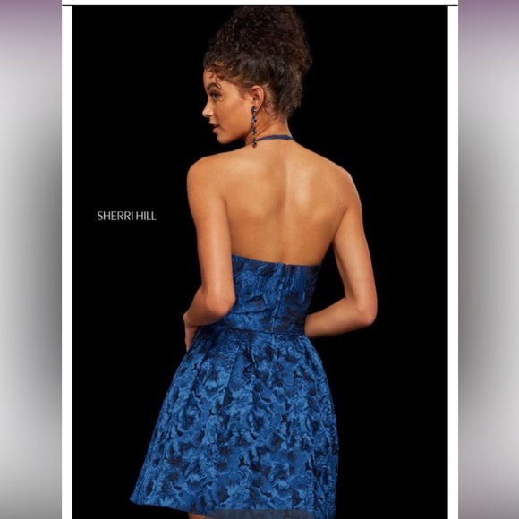 Sherri Hill 53070 Halter Neck Brocade Dress in Blue - Picture 2 of 11
